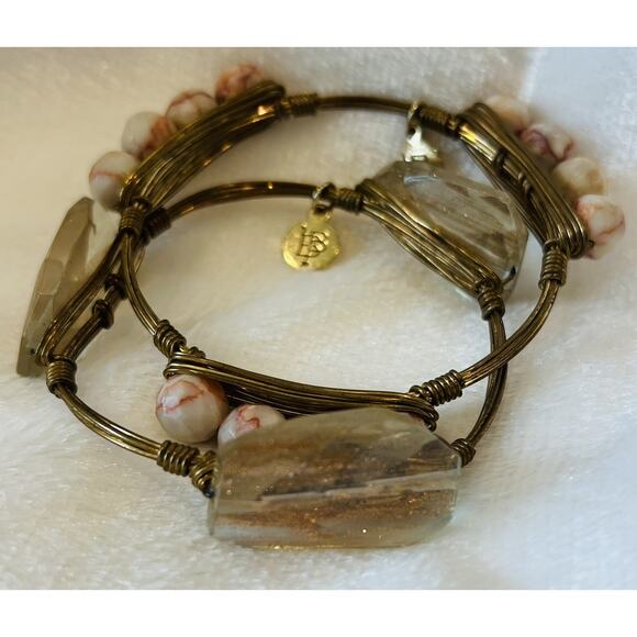 2 Bourbon & Bowties Gold Stone Bangle Bracelet Quartz Jasper Boho Wire Wrapped - Picture 12 of 13